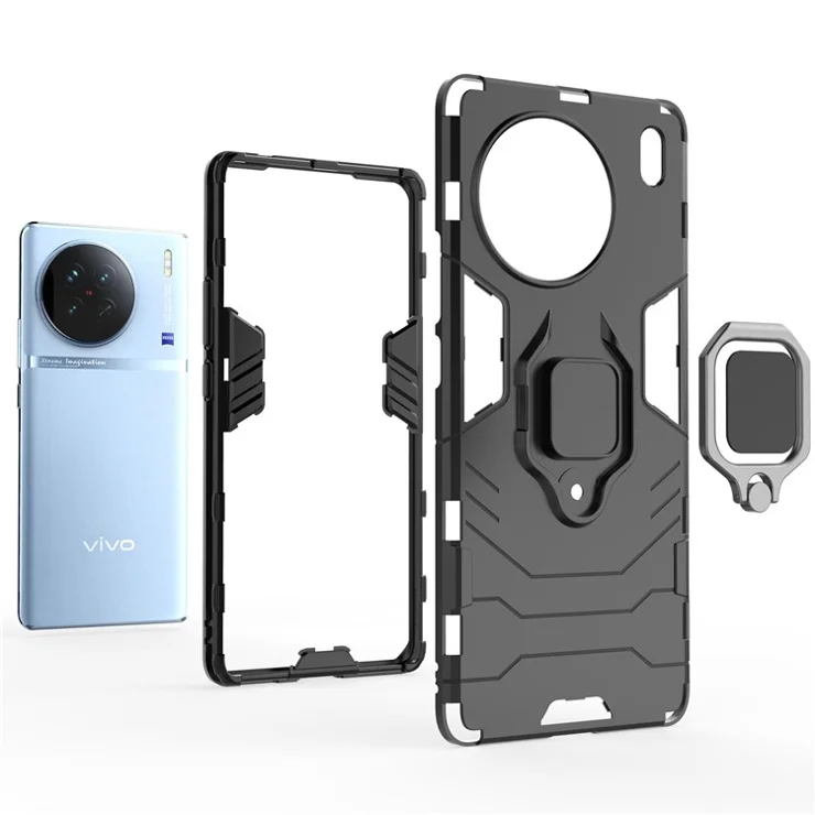 Hard PC + Soft TPU Phone Case for vivo X90 5G, Ring Holder Kickstand Shockproof Back Cover - Blue