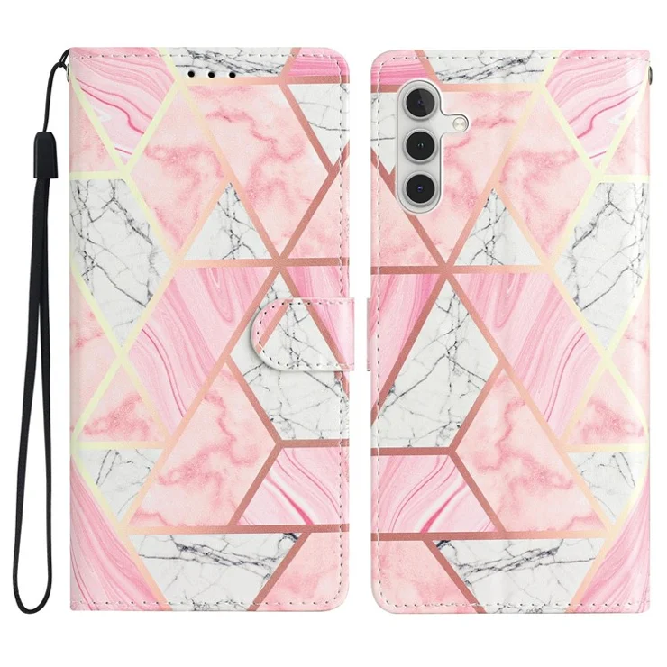 For Samsung Galaxy A04s 4G (164.7 x 76.7 x 9.1 mm) Pattern Printing PU Leather Flip Case Wallet Style Stand Magnetic Clasp Phone Cover with Strap - Pink Marble