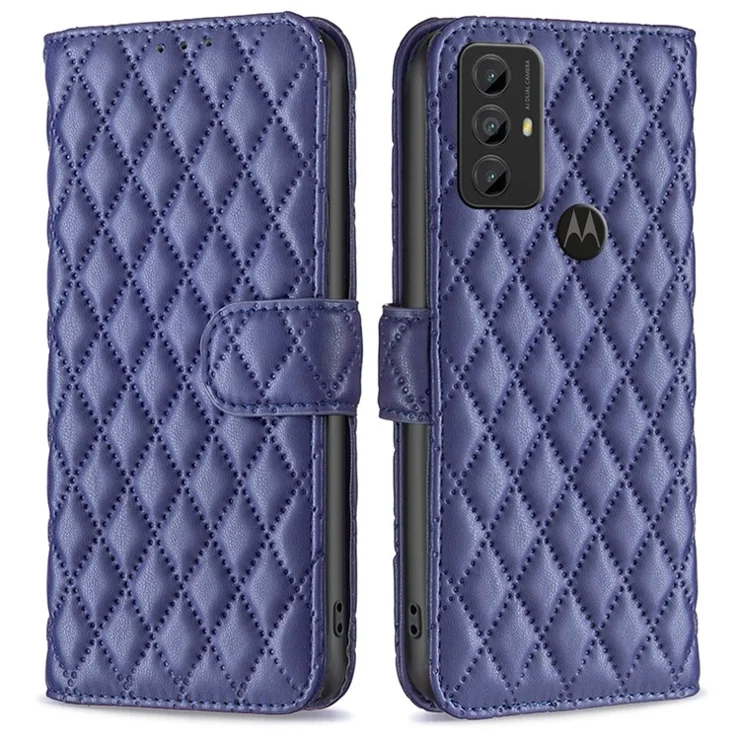 BINFEN COLOR BF Style-14 For Motorola Moto G Play (2023) 4G Imprinted Rhombus Pattern Scratch-resistant Phone Case PU Leather Flip Wallet Stand Cover - Blue