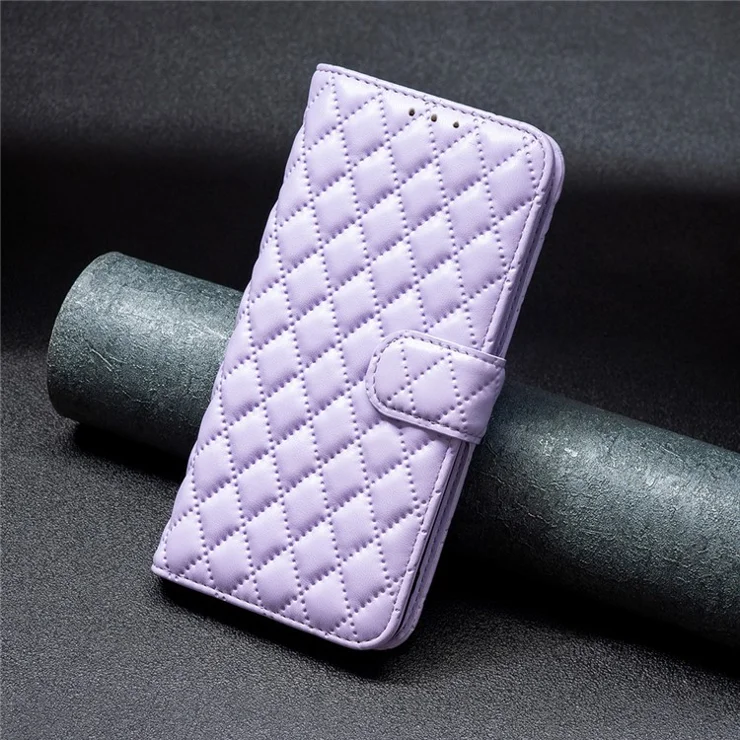 BINFEN COLOR BF Style-14 For Motorola Moto G Play (2023) 4G Imprinted Rhombus Pattern Scratch-resistant Phone Case PU Leather Flip Wallet Stand Cover - Purple