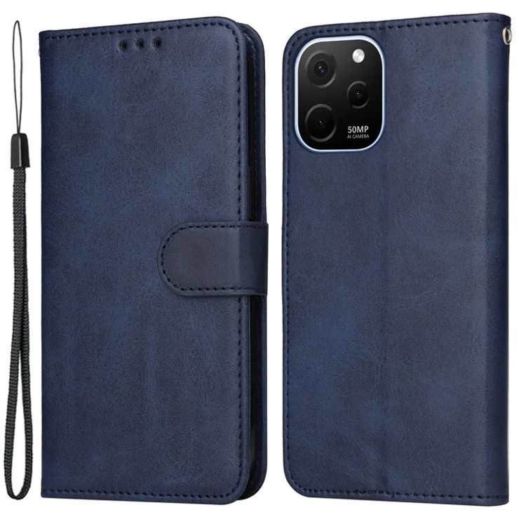 For Huawei nova Y61 4G PU Leather Wallet Anti-scratch Phone Case Calf Texture Magnetic Flip Stand Shockproof Cell Phone Cover with Strap - Blue