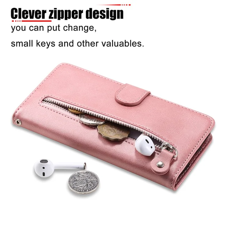 For Huawei nova Y61 4G Calf Texture Phone Case PU Leather Zipper Pocket Anti-scratch Cell Phone Cover with Stand Wallet - Pink