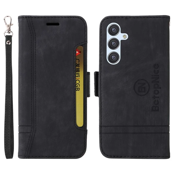 BETOPNICE 001 For Samsung Galaxy A34 5G Imprinted Line Stitching Full Protection PU Leather Case Wallet Stand Cell Phone Cover - Black