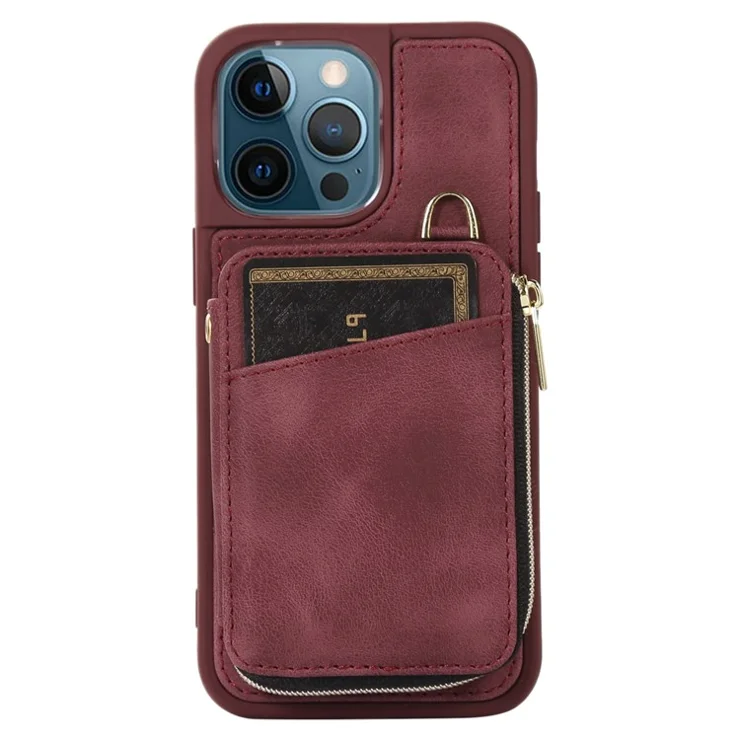 For iPhone 14 Pro Max Case with Hand and Shoulder Strap Card Bag Design Kickstand Phone Cover - Wine Red