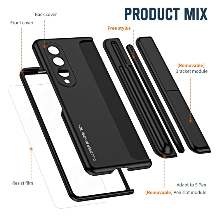 For Samsung Galaxy Z Fold4 5G Hinge Protection Kickstand Phone Case Hard PC Drop Proof Shell with Tempered Glass Screen Film - Black