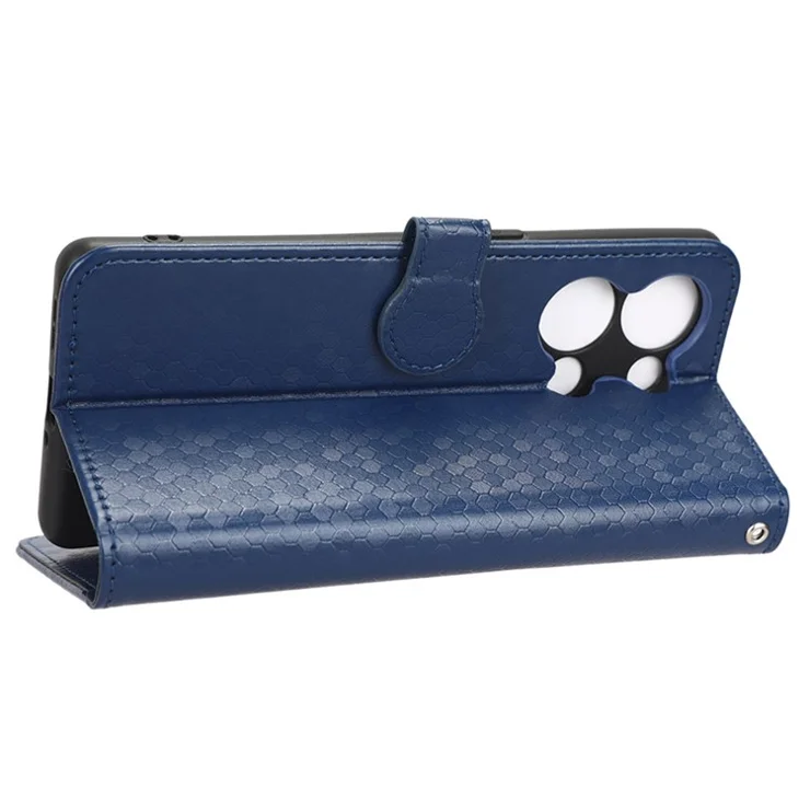 Protective Phone Case For Oppo Reno9 Pro+ 5G Flip Leather Wallet Dot Pattern Imprinted Phone Cover Stand with Strap - Dark Blue