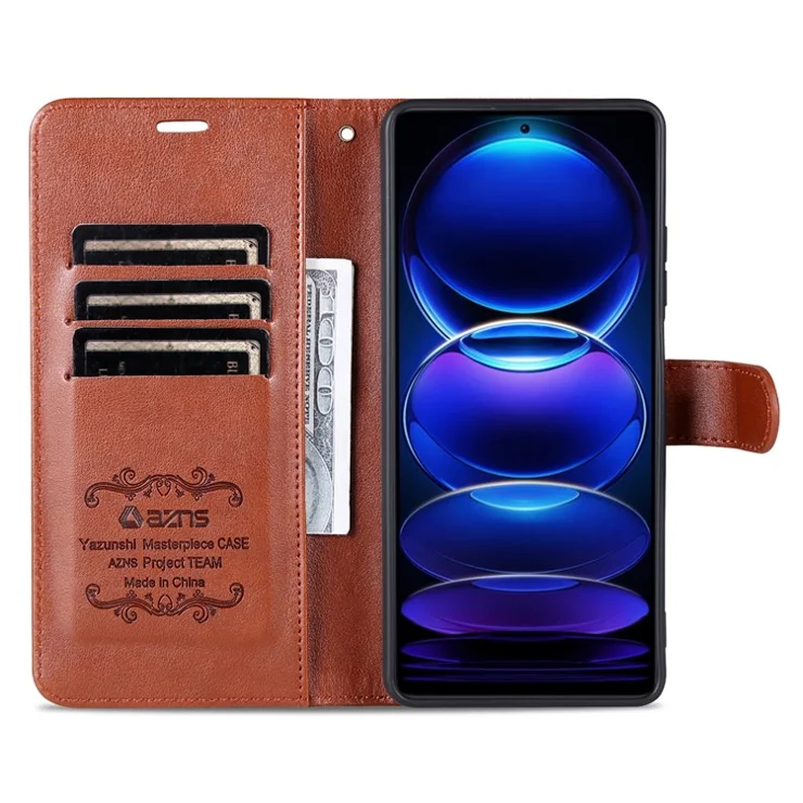 AZNS For Xiaomi Redmi Note 12 Pro 5G / 12 Pro Speed 5G / Poco X5 Pro 5G PU Leather Stand Wallet Cover with Strap - Brown