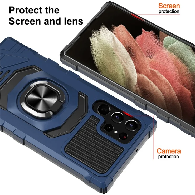 Bulk Purchasing For Samsung Galaxy S21 Ultra 5G Ring Kickstand Shockproof Phone Case PC + TPU Back Cover - Blue