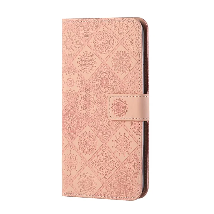 For Samsung Galaxy A34 5G Ethnic Style Flower Imprinted PU Leather Magnetic Flip Phone Case Stand Wallet Protective Phone Cover with Strap - Pink