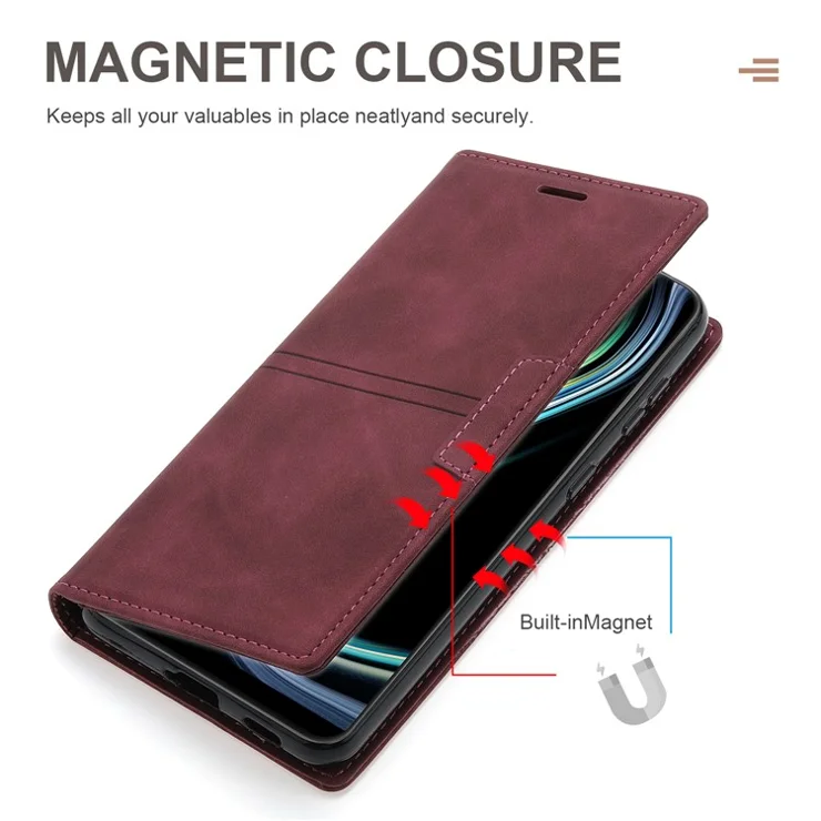 For Samsung Galaxy A34 5G Dustproof Magnetic Auto-absorbed Phone Case Stand Wallet PU Leather Coated TPU Cover - Wine Red