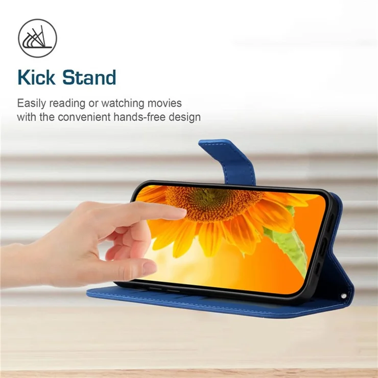 HT04 for Motorola Moto G Play (2023) 4G Sunflower Imprinted Phone Case PU Leather Skin-touch Anti-scratch Phone Cover Wallet Stand with Shoulder Strap - Sapphire