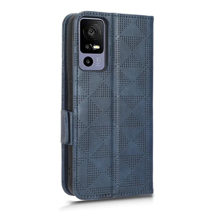 For TCL 40R 5G Imprinted Triangle Pattern PU Leather Flip Phone Wallet Case Stand Anti-wear Smartphone Cover with Hand Strap - Blue