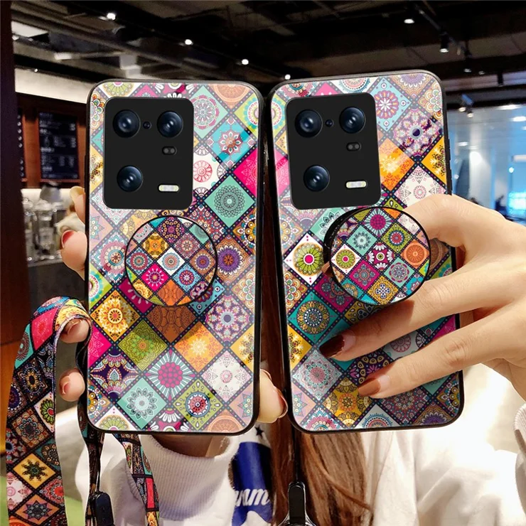 For Xiaomi 13 Pro 5G Flower Pattern Tempered Glass Phone Case PC + TPU Anti-Scratch Kickstand Cover with Lanyard - Checkered Pattern