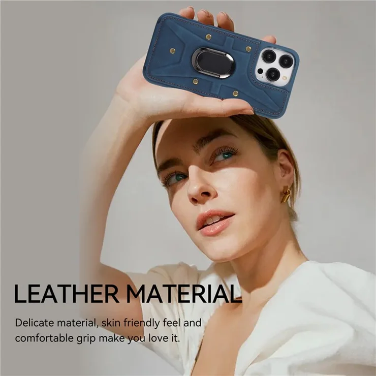 For iPhone 13 Pro Max 6.7 inch Card Bag Design Drop-proof Skin-touch PU Leather Coated TPU Back Case with Magnetic Ring Kickstand - Blue