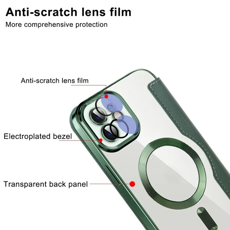 For iPhone 11 6.1 inch Compatible with MagSafe RFID Blocking Card Slots Anti-drop PU Leather+TPU Electroplating Clear Back Flip Case with Lens Film - Brown