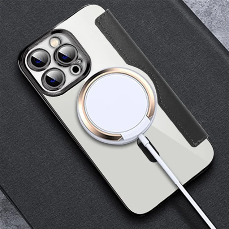 For iPhone 11 Pro Max 6.5 inch Compatible with MagSafe RFID Blocking Card Slots Shockproof PU Leather+TPU Electroplating Clear Back Flip Case with Lens Film - Blackish Green