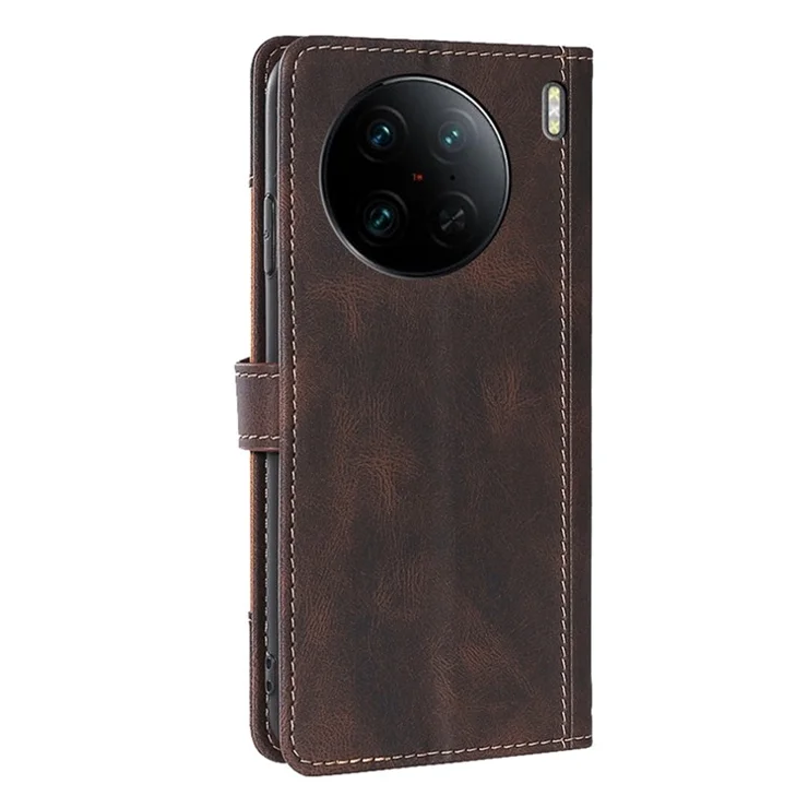 For vivo X90 Pro 5G Straw Hat Pattern PU Leather Stand Case Skin-touch Feeling Magnetic Clasp Wallet Phone Cover - Brown