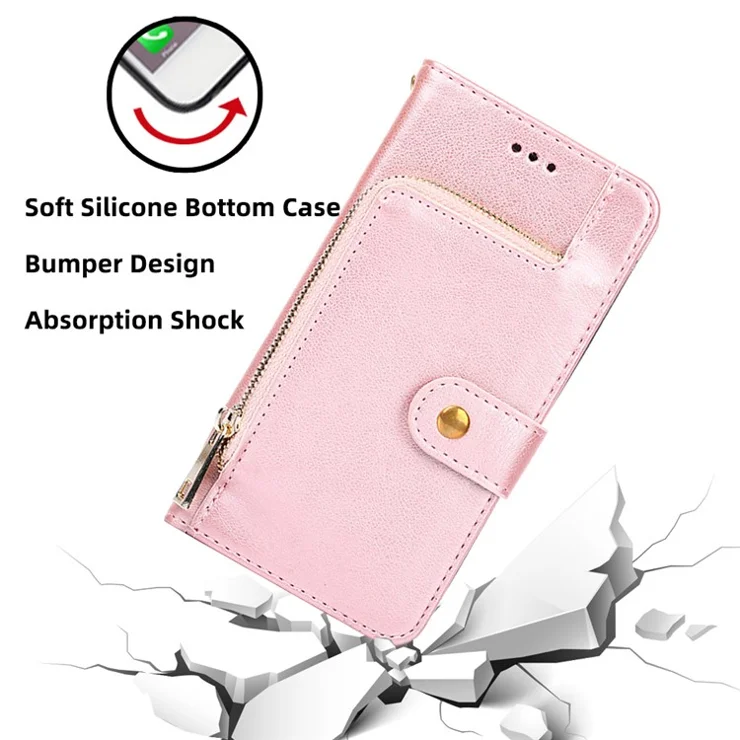 For Oppo Reno9 Pro+ 5G Zipper Pocket Wallet Phone Case PU Leather Foldable Stand Folio Flip Cover with Handy Strap - Rose Gold