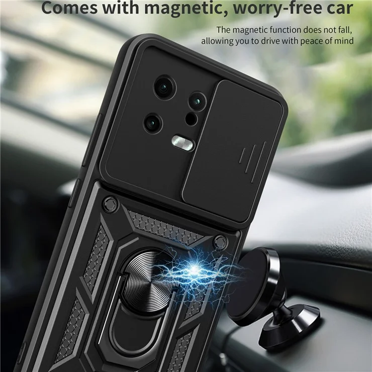 For Xiaomi 13 5G Ring Holder Kickstand PC + TPU Hybrid Case Anti-drop Phone Cover with Slide Camera Protection - Blue