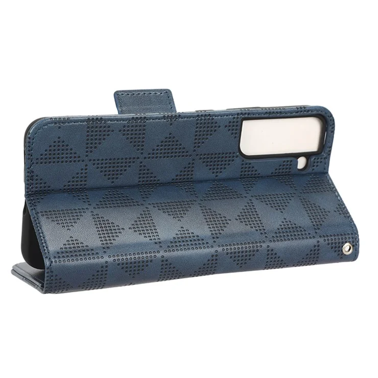 For Samsung Galaxy S23+ Cell Phone Case Imprinted Triangle Pattern Phone Cover PU Leather Wallet with Wrist Strap - Blue