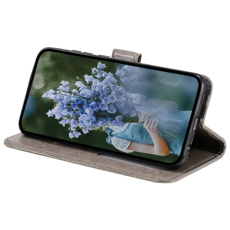 For Huawei nova 10 SE 4G Shockproof Imprinted Mandala Flower Phone Case Anti-drop Wallet Stand Cover with Strap - Grey