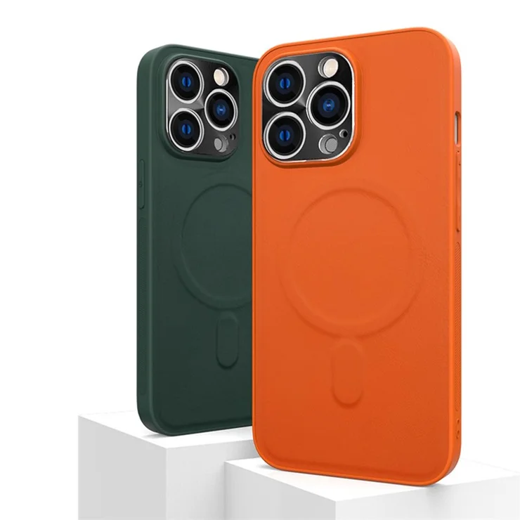 For iPhone 14 Pro Anti-fall PU Leather Coated TPU Case Magnetic Cell Phone Back Cover Compatible with MagSafe - Orange