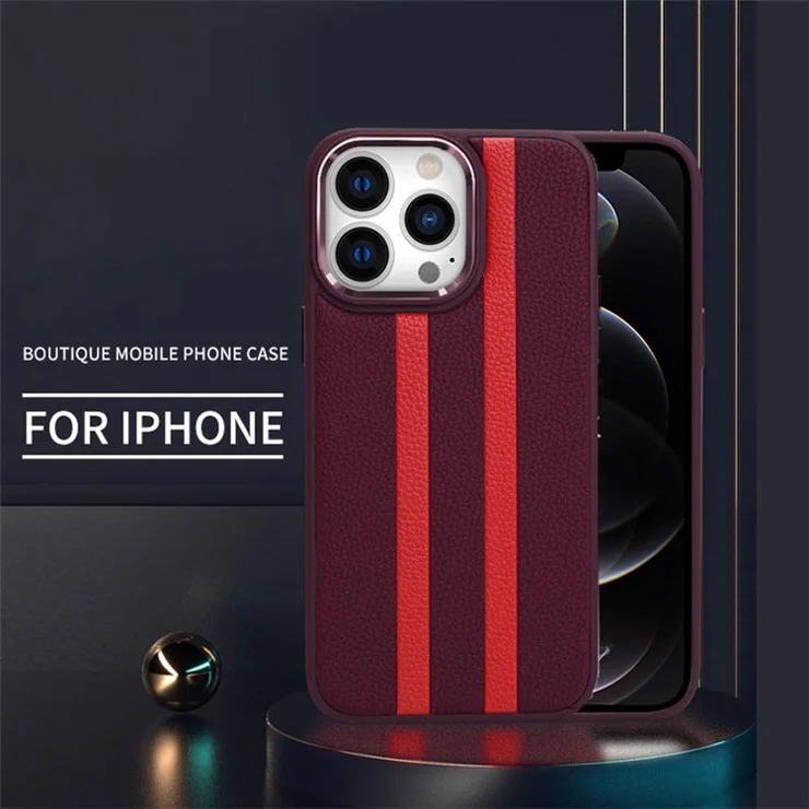 For iPhone 12 Pro Max 6.7 inch Collision Resistant Four Corners Airbag Stripes Pattern PU Leather Coated TPU Case Back Cover with Metal Button - Brown