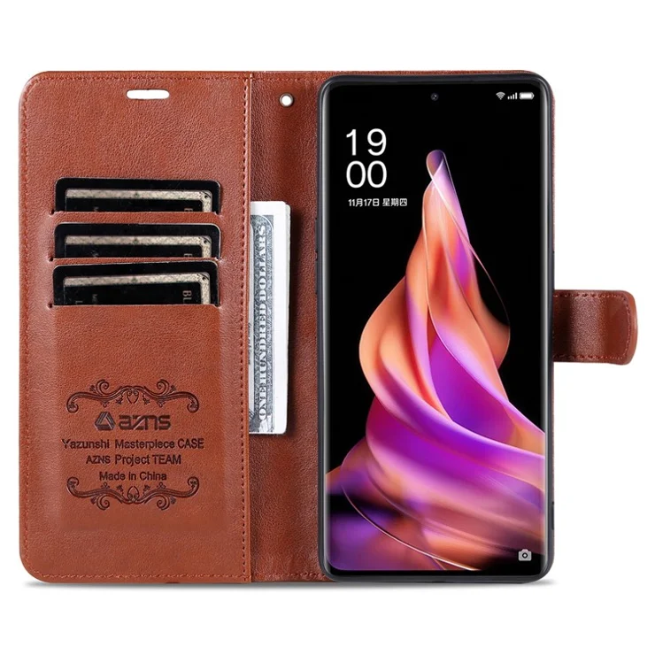 AZNS Textured PU Leather Stand Case for Oppo Reno9 5G / Reno9 Pro 5G, Magnetic Clasp Anti-collision Wallet Phone Cover - Brown