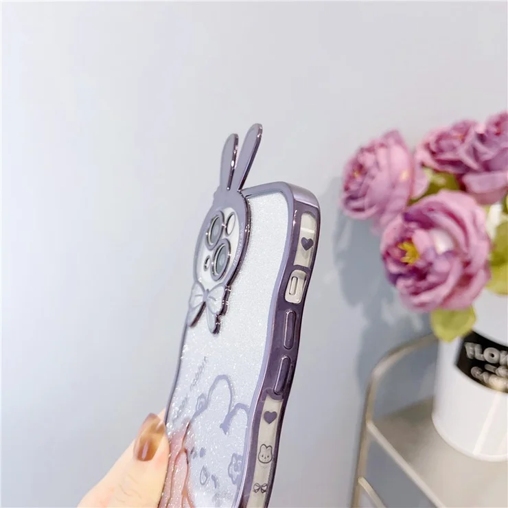 Shockproof Case for iPhone 14 Rabbit Design Electroplating Phone Case Gradient Glitter Soft TPU Cover - Silver
