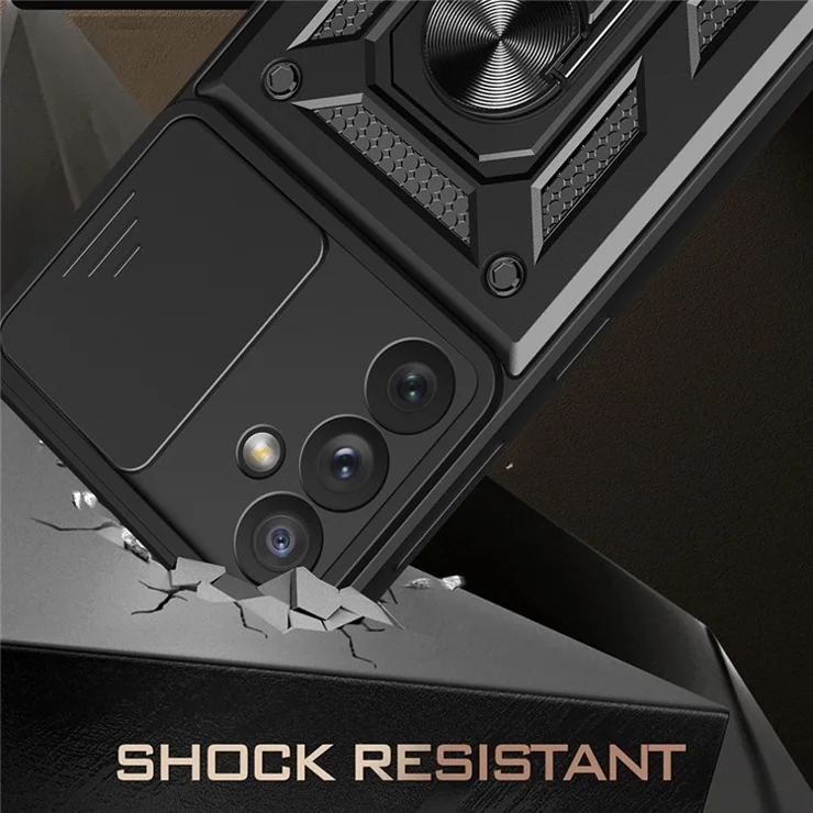 For Samsung Galaxy A34 5G Shockproof TPU+PC Case Ring Kickstand Slide Camera Protector Anti-Scratch Back Cover - Silver