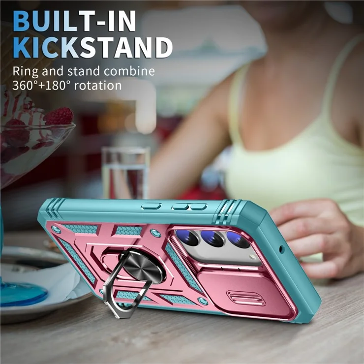For Samsung Galaxy S23+ Anti-fall Phone Case with Ring Kickstand Card Holder Phone Back Cover with Sliding Camera Lid - Pink / Green