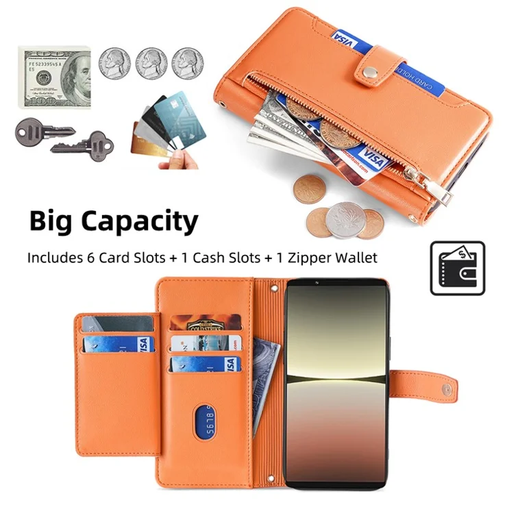 For Sony Xperia 5 IV 5G Book Style PU Leather Stand Case Zipper Pocket Card Slots Flip Phone Cover with Wrist Strap and Shoulder Strap - Orange