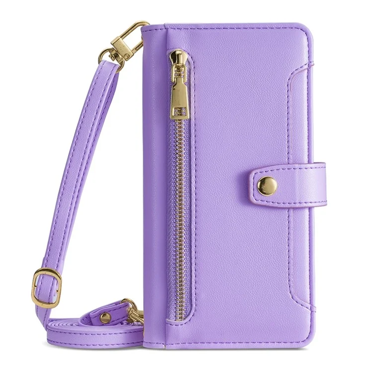 For iPhone 14 Plus Zipper Pocket Anti-fall PU Leather Stand Case Card Slots Flip Phone Cover with Wrist Strap and Shoulder Strap - Purple