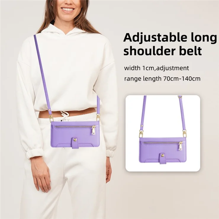 For iPhone 14 Plus Zipper Pocket Anti-fall PU Leather Stand Case Card Slots Flip Phone Cover with Wrist Strap and Shoulder Strap - Purple