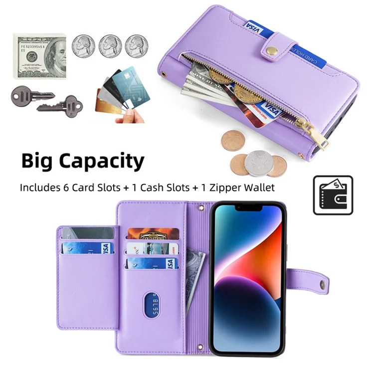 For iPhone 14 Plus Zipper Pocket Anti-fall PU Leather Stand Case Card Slots Flip Phone Cover with Wrist Strap and Shoulder Strap - Purple