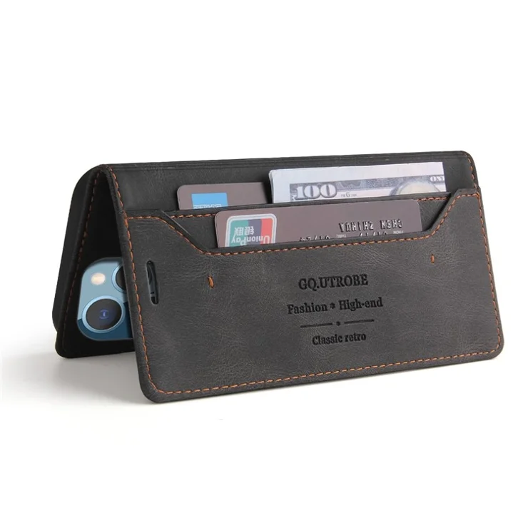 GQ.UTROBE 008 Series For iPhone 14 Pro Max RFID Blocking Skin-touch Feeling Fully Wrapped PU Leather Stand Wallet Phone Case - Black