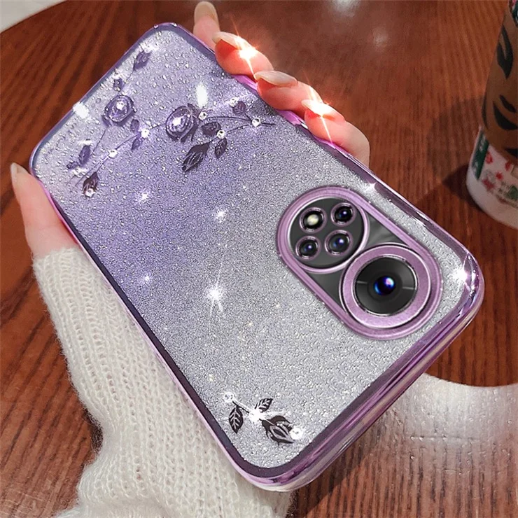 KADEM Flower Pattern Decor Phone Case for Honor 50, Rhinestone Gradient Color Glitter Powder Anti-scratch TPU Back Cover - Purple