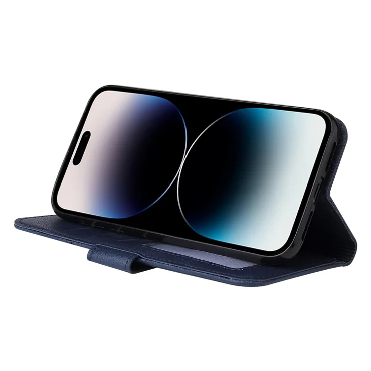 GQ.UTROBE For iPhone 14 Pro Max PU Leather Wallet Case Rectangular Metal Decor Folio Flip Foldable Stand Phone Cover - Blue