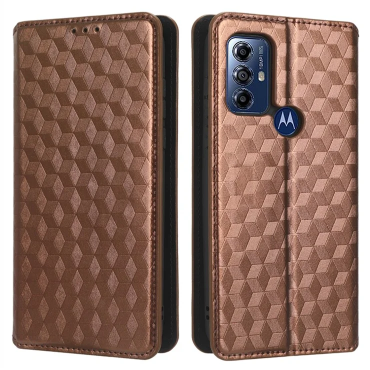 PU Leather Protective Phone Case For Motorola Moto G Play (2023) 4G, Rhombus Pattern Imprinted Magnetic Auto-absorbed Stand Wallet Folio Flip Phone Cover - Brown