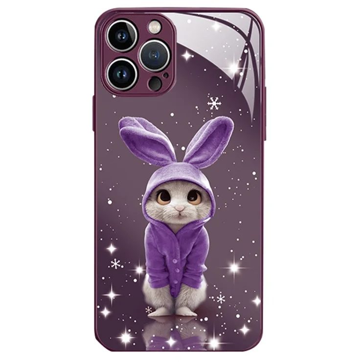 Mobile Phone Case for iPhone 13 Pro 6.1 inch, Anti-Scratch Tempered Glass+TPU Shockproof Rabbit Pattern Printing Cell Phone Cover - Purple