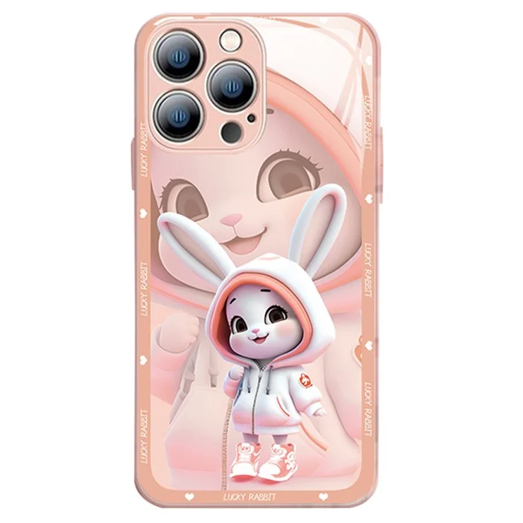 For iPhone 12 Pro 6.1 inch Shockproof Rabbit Pattern Printing Phone Case Hard Tempered Glass+TPU Smartphone Cover - Pink