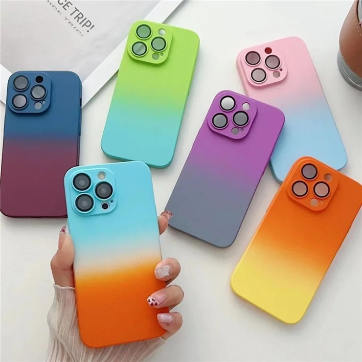 For iPhone 14 Pro Gradient Skin-touch PC Phone Case Drop-proof Back Cover with Lens Protective Film - Blue / Purple