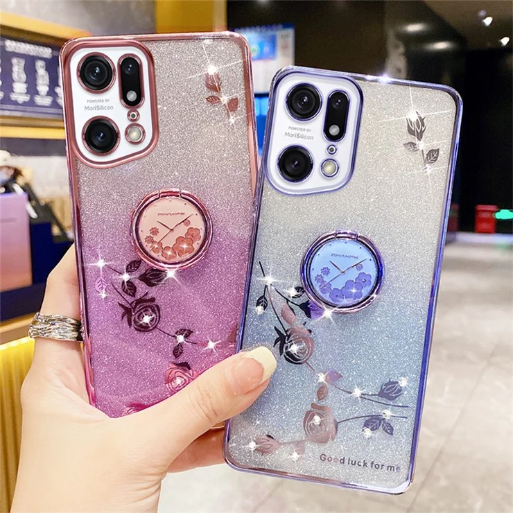 KADEM For Oppo Find X5 Pro 5G TPU Case with Ring Kickstand Flower Pattern Rhinestone Decor - Rose Gold