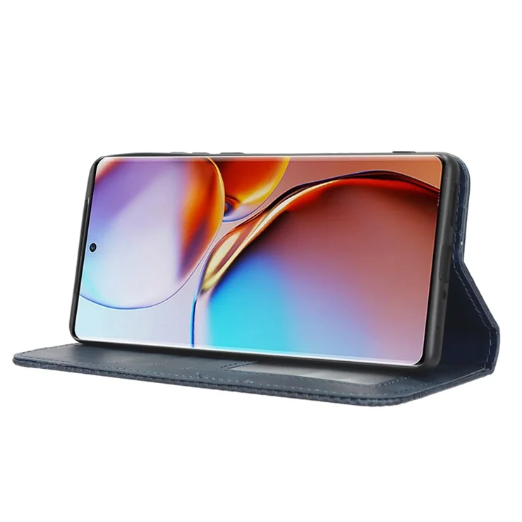 Drop-proof Phone Cover For Motorola Moto X40 5G / Edge 40 Pro 5G / Edge+ (2023) Magnetic Auto Closing Imprinted Pattern Retro Texture PU Leather Flip Wallet Stand Phone Case - Blue
