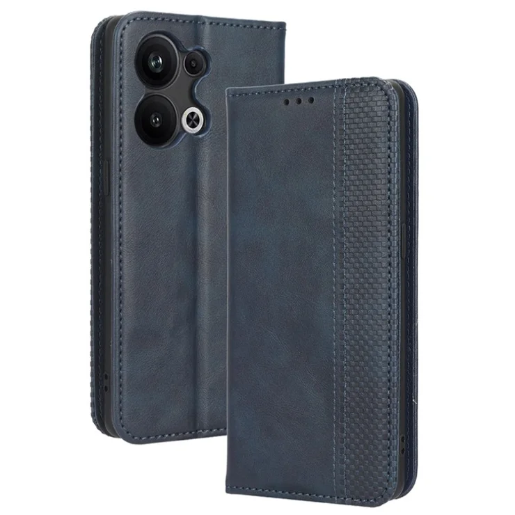 For Oppo Reno9 Pro+ 5G Magnetic Auto Closing Phone Case Viewing Stand Retro Texture Imprinted Pattern PU Leather Flip Wallet Phone Cover - Blue