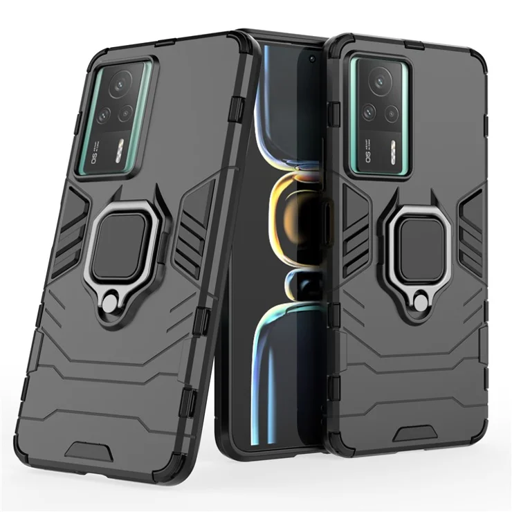 TPU+PC Phone Case for Xiaomi Redmi K60E 5G, Stable Ring Holder Kickstand Shockproof Cover Shell - Black