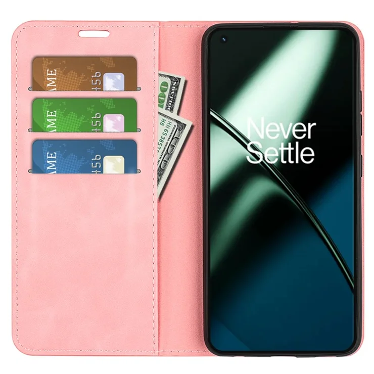 For OnePlus 11 5G Skin-touch Feeling Magnetic Auto-absorbed Wallet Case Fully Wrapped PU Leather Stand Flip Phone Cover - Pink