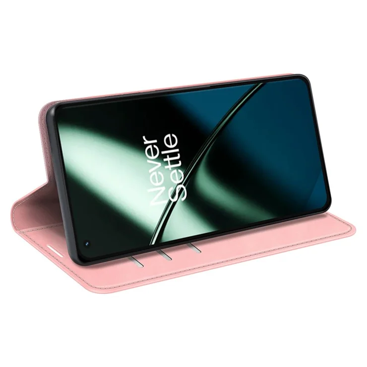 For OnePlus 11 5G Skin-touch Feeling Magnetic Auto-absorbed Wallet Case Fully Wrapped PU Leather Stand Flip Phone Cover - Pink