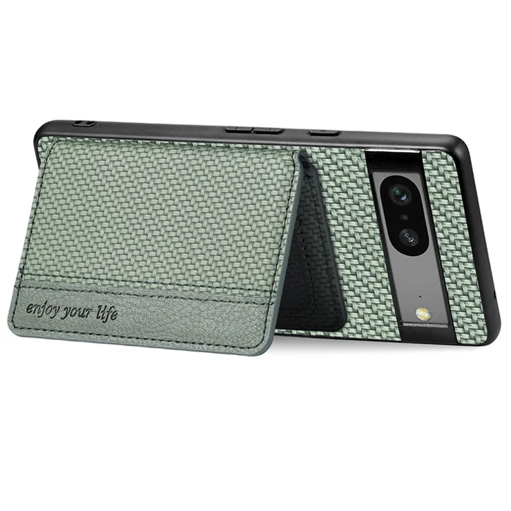 For Google Pixel 7a PU Leather Coated PC+TPU Magnetic Phone Cover Carbon Fiber Texture Shockproof Anti-sratch Phone Case Wallet Kickstand - Brown