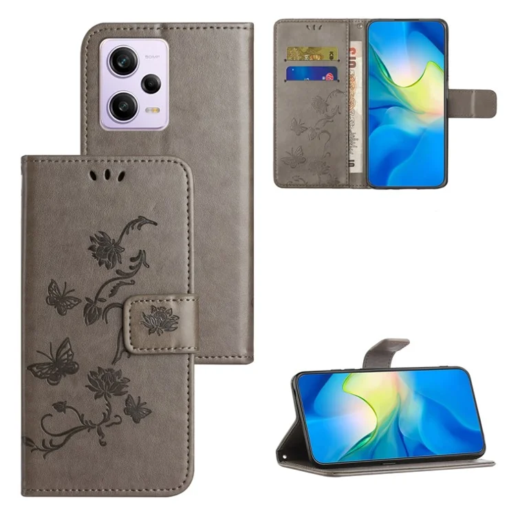Shockproof Phone Case For Xiaomi Redmi Note 12 Pro+ 5G , PU Leather Phone Cover with Imprinted Butterfly Flower Pattern and Stand Wallet - Grey